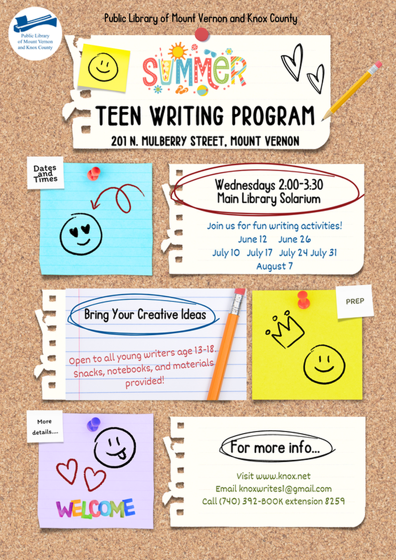 Calling all young writers, age 13-18! Join the Teen Writing Program at our Main Library in Mount Vernon for fun writing activities in poetry and prose on Wednesdays (June 12, June 26, July 10, July 17, July 24, July 31 and August 7th) from 2:00pm-3:30pm. Snacks, notebooks and materials provided.  The Library presents special guest Mindy McGinnis at our July 10th meeting where she’ll talk about her latest YA novel, Under This Red Rock. TWP meetings are held in the Main Library Solarium, 201 N. Mulberry Street, Mount Vernon. All welcome!  For more information, visit www.knox.net, email knoxwrites1@gmail.com, or call (740) 392-BOOK ext. 259. 
